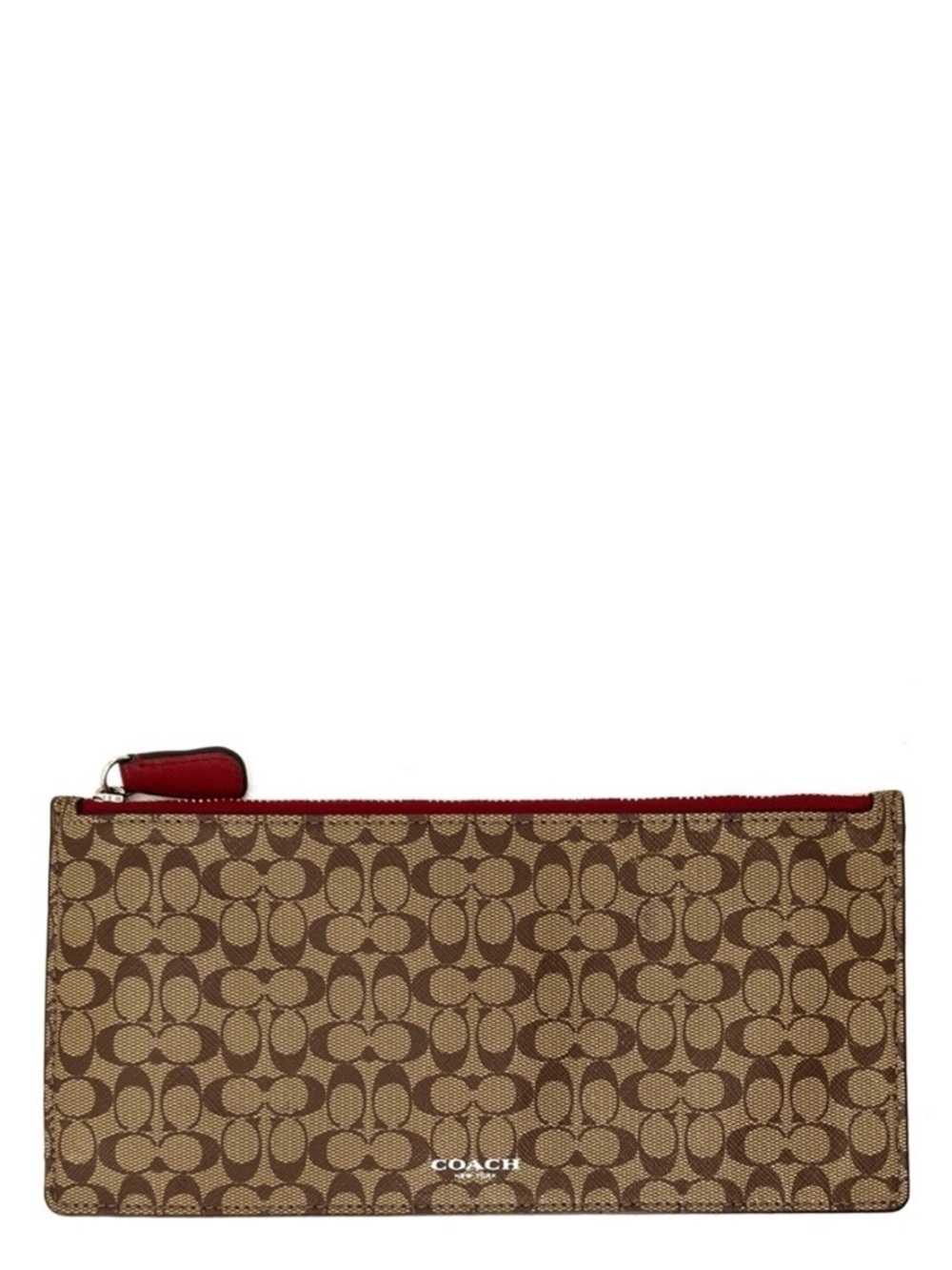 Coach Envelope Wallet Signature Canvas Logo Clutch Brown Tan Red Flat Pouch EUC